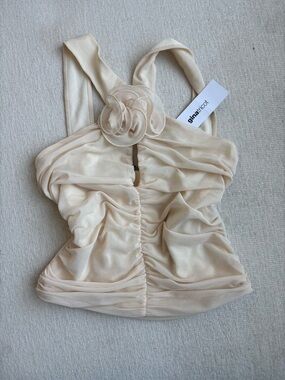 & Other Stories Cream Ruched Floral-Accent Sleeveless Top